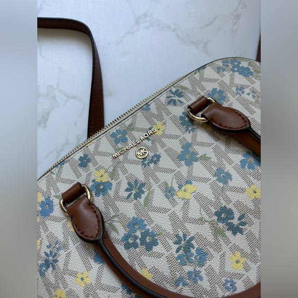 Michael Kors Cindy Vanilla Dome Satchel Purse Floral Print Blue Yellow Leather - Picture 13 of 17